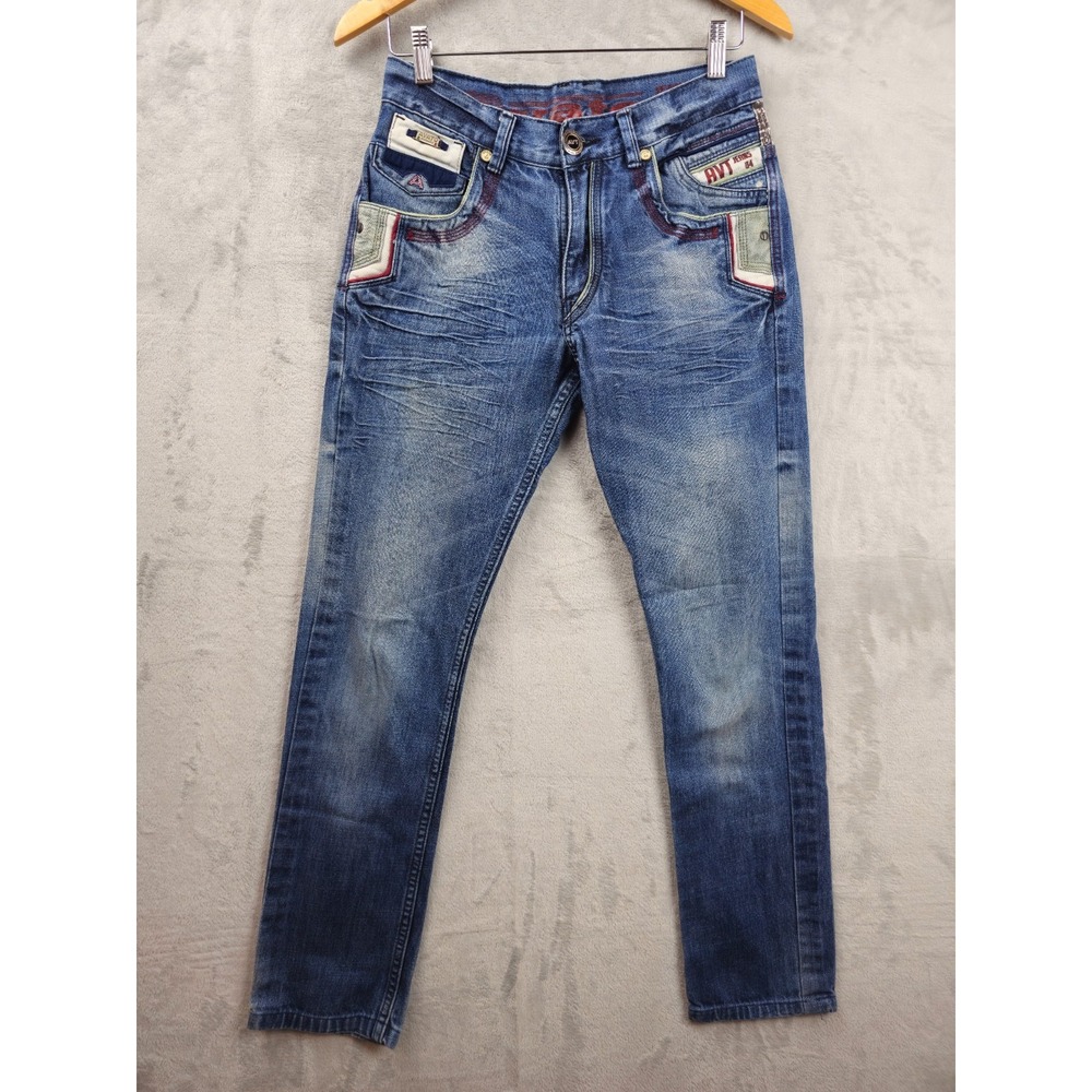 Avato Jeans Men's 28x30 Blue Slim Skinny Leg Patchwork Graphic Denim Pants‎
